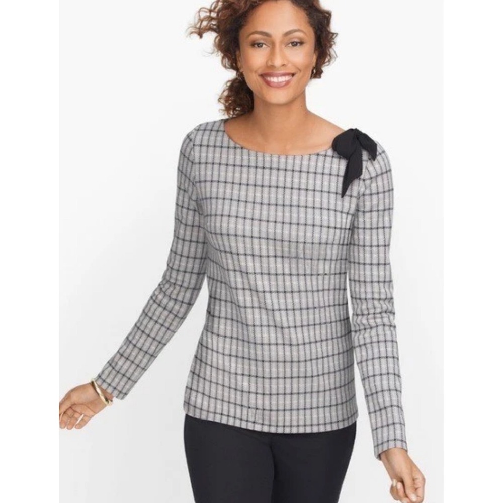 Talbots Womens Plaid Jacquard Knit Top L Grey Bateau Neck Bow Accent Classic‎